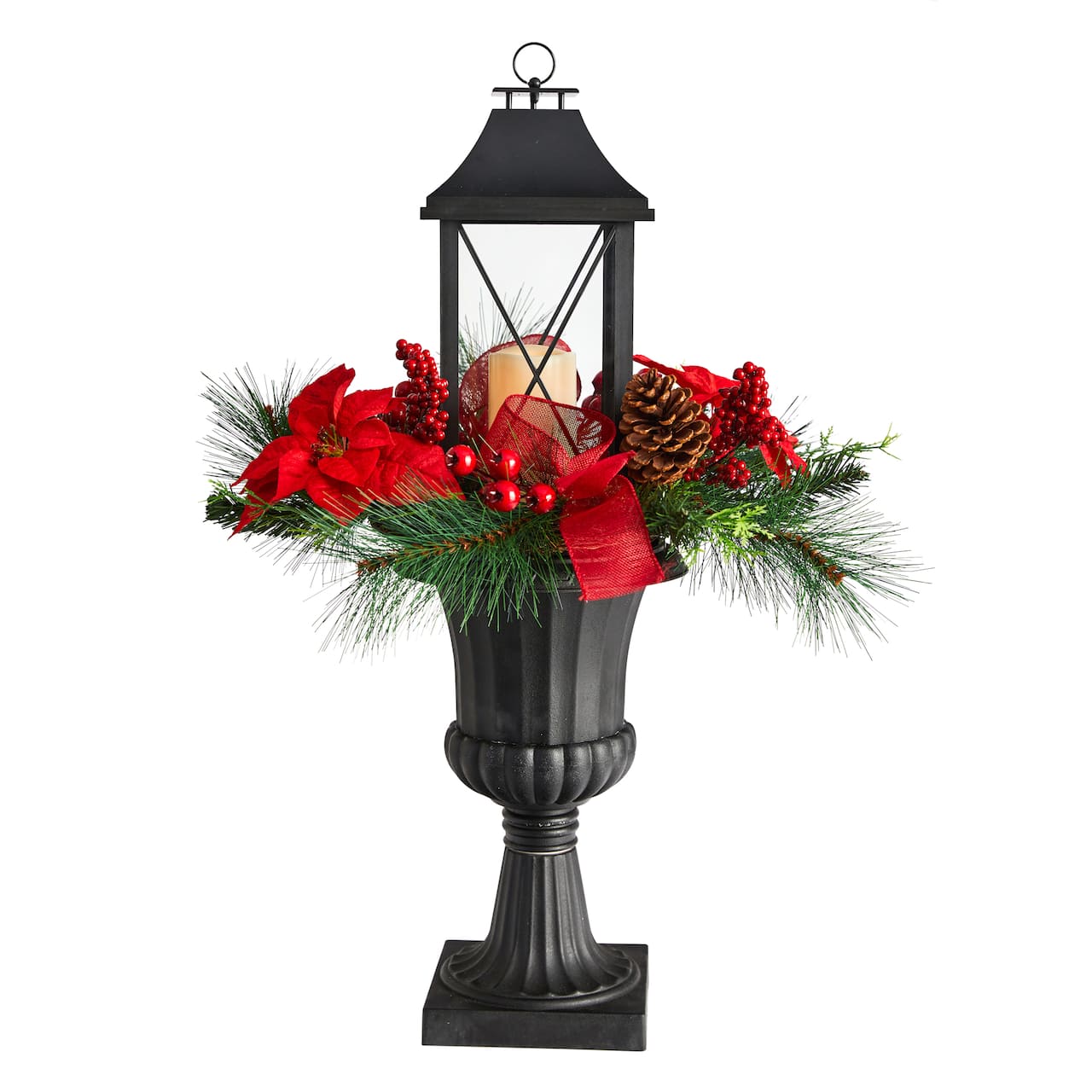 33&#x22; Christmas Berries &#x26; Poinsettia with Large Lantern &#x26; LED Candle in Decorative Urn